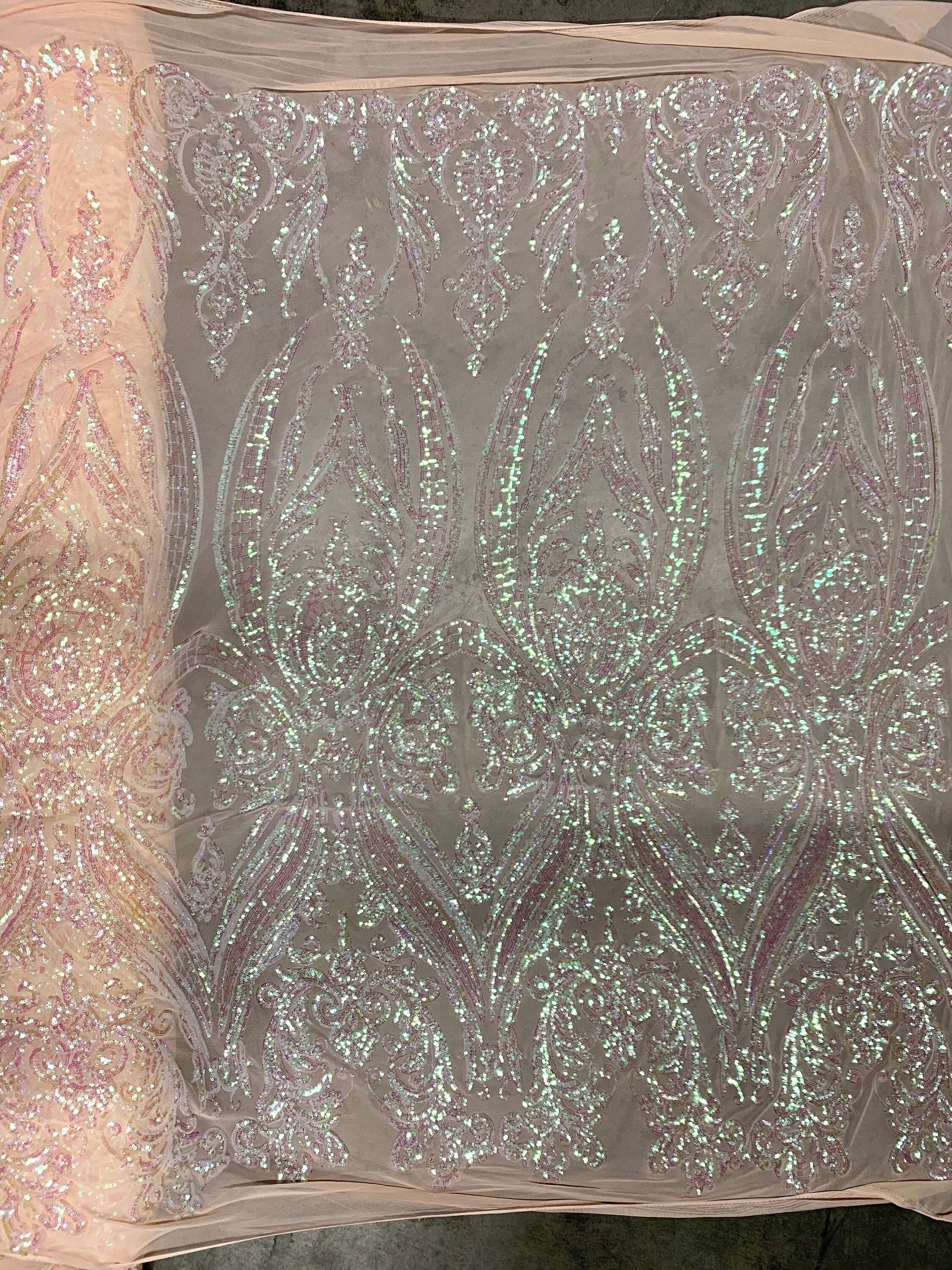 Alaina BLUSH PINK IRIDESCENT Curlicue Sequins on Mesh Lace Fabric by the Yard - 10018