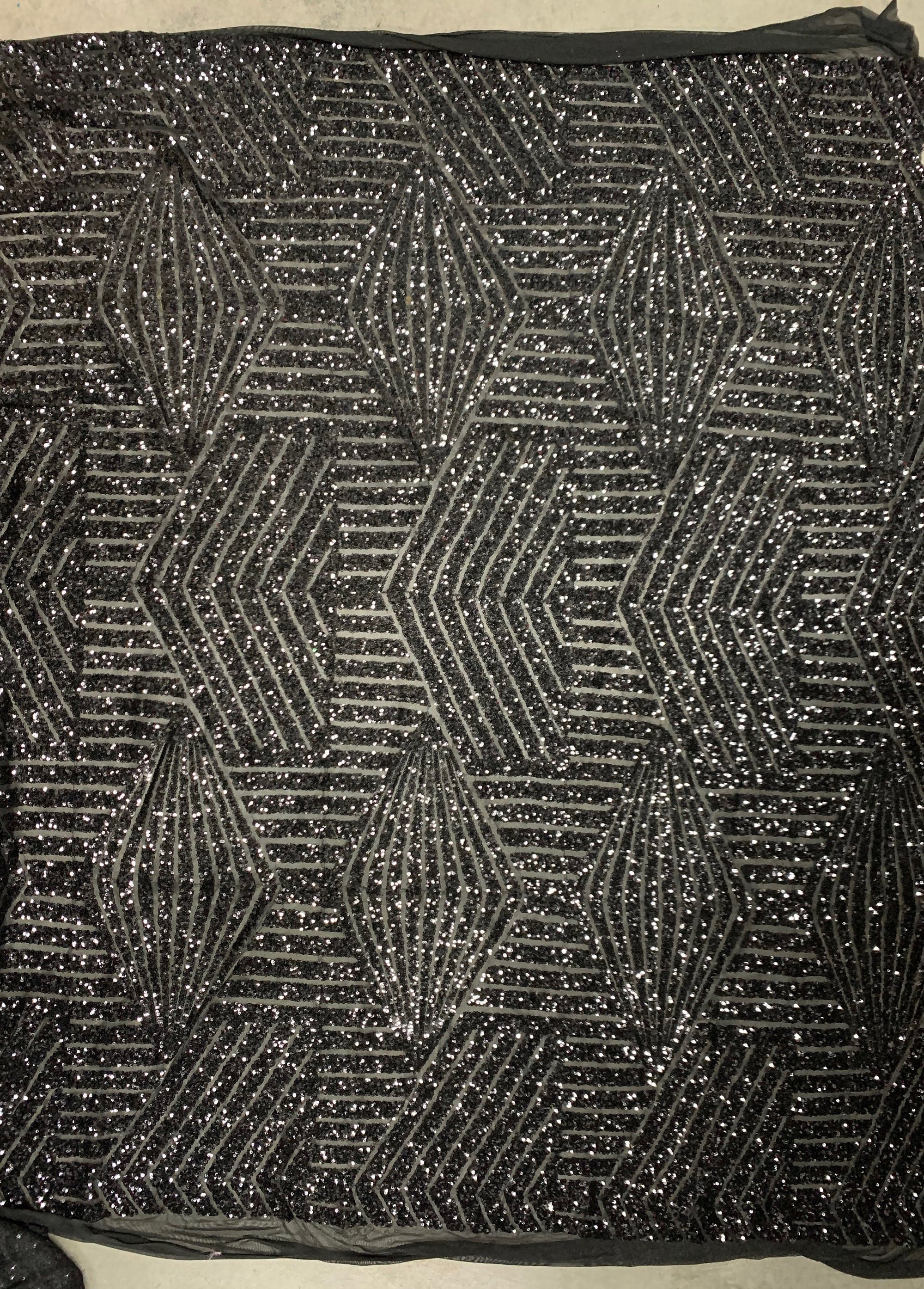 Thea BLACK Geometric Sequins Diamond & Stripes on Mesh Lace Fabric by the Yard - 10026