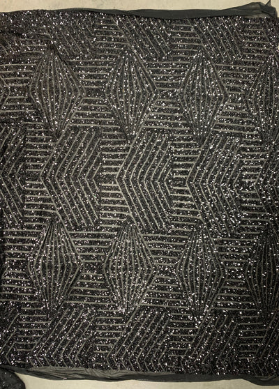 Thea BLACK Geometric Sequins Diamond & Stripes on Mesh Lace Fabric by the Yard - 10026