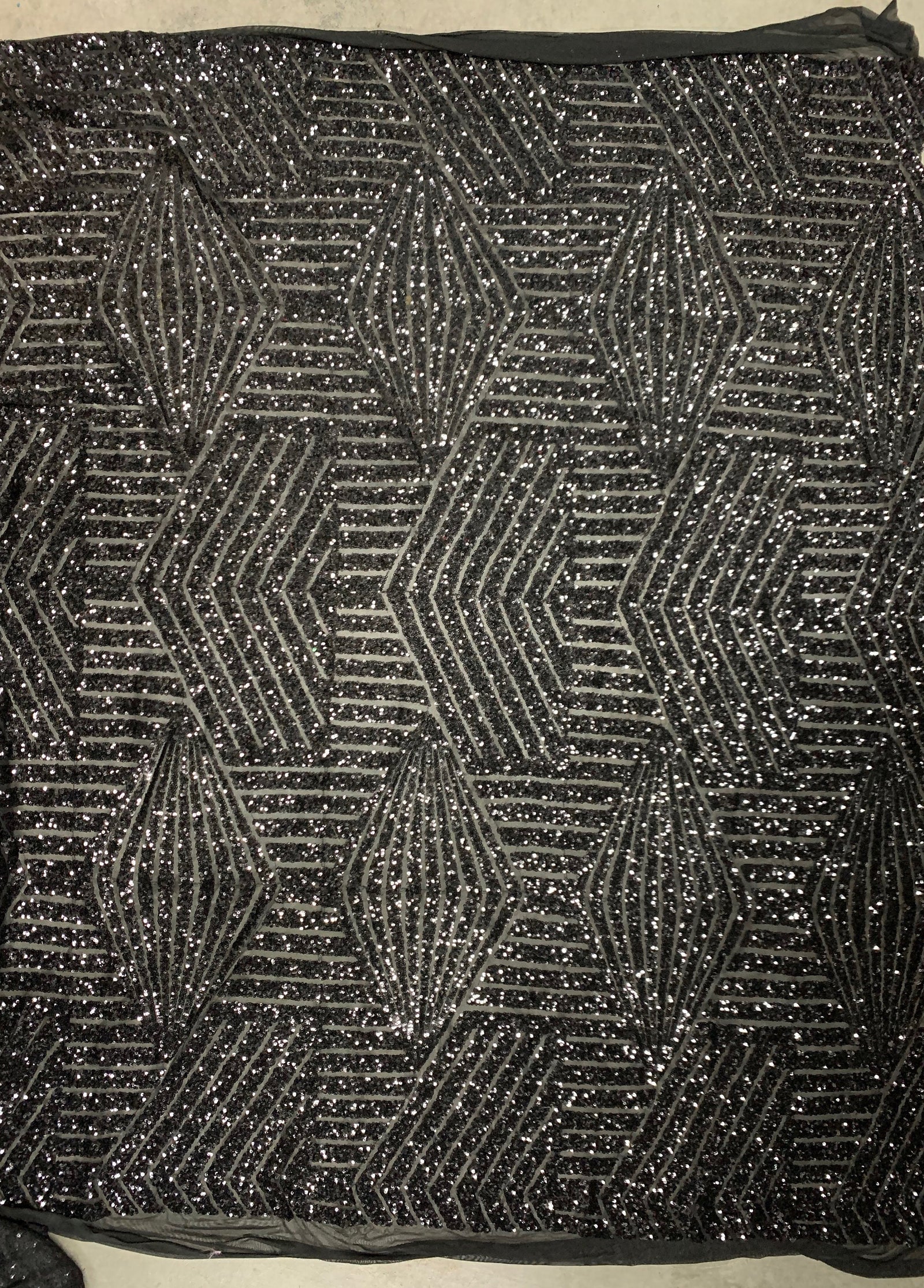 Thea BLACK Geometric Sequins Diamond & Stripes on Mesh Lace Fabric by the Yard - 10026
