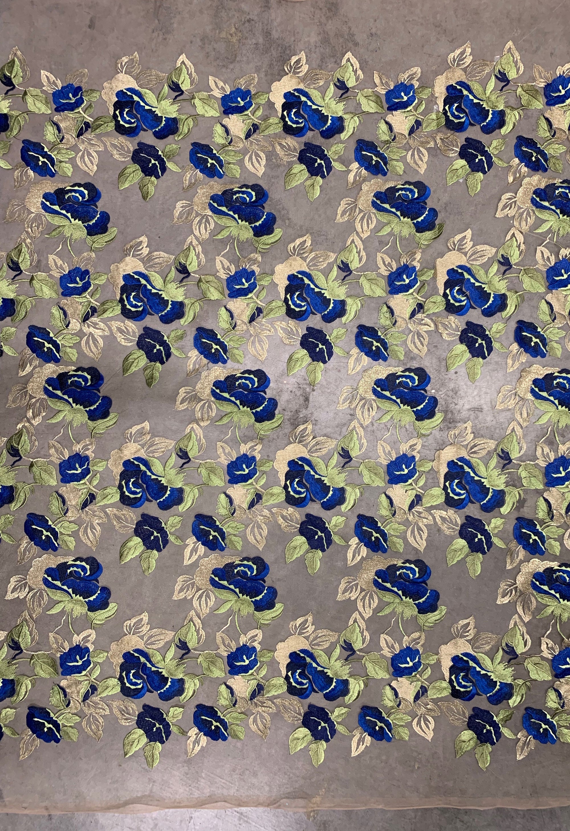 Priscilla ROYAL BLUE GOLD Floral and Leaves Embroidery on Mesh Lace Fabric by the Yard - 10157