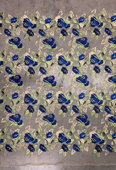 Priscilla ROYAL BLUE GOLD Floral and Leaves Embroidery on Mesh Lace Fabric by the Yard - 10157