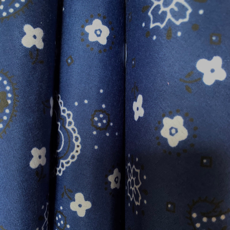 Annabella NAVY BLUE Paisley Floral Print Bandana Poly Cotton Fabric by the Yard - 10114