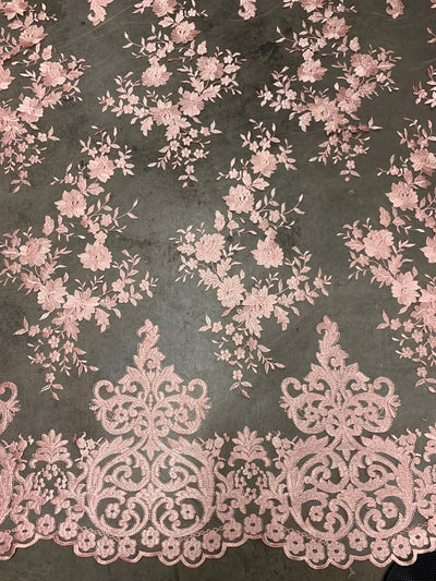Teagan BLUSH PINK Damask Design Embroidered on Mesh Lace Fabric by the Yard - 10027