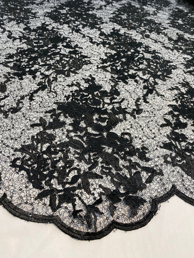 Hanna BLACK Polyester Floral Embroidery with Sequins on Web Mesh Lace Fabric by the Yard for Gown, Wedding, Bridesmaid, Prom - 10165
