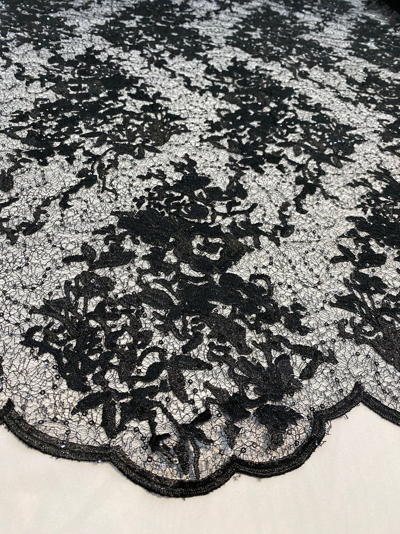 Hanna BLACK Polyester Floral Embroidery with Sequins on Web Mesh Lace Fabric by the Yard for Gown, Wedding, Bridesmaid, Prom - 10165