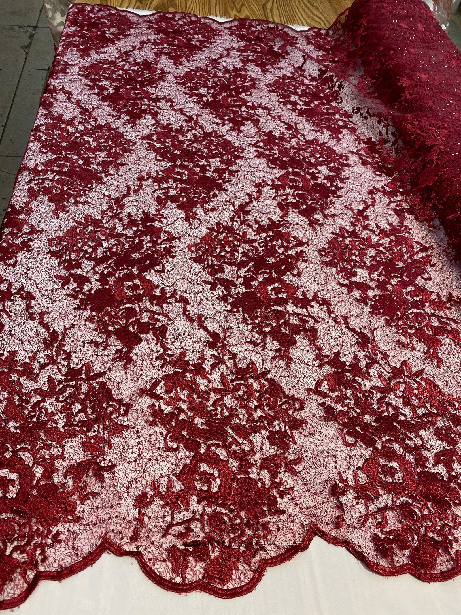 Hanna BURGUNDY Polyester Floral Embroidery with Sequins on Web Mesh Lace Fabric by the Yard for Gown, Wedding, Bridesmaid, Prom - 10165