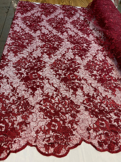 Hanna BURGUNDY Polyester Floral Embroidery with Sequins on Web Mesh Lace Fabric by the Yard for Gown, Wedding, Bridesmaid, Prom - 10165