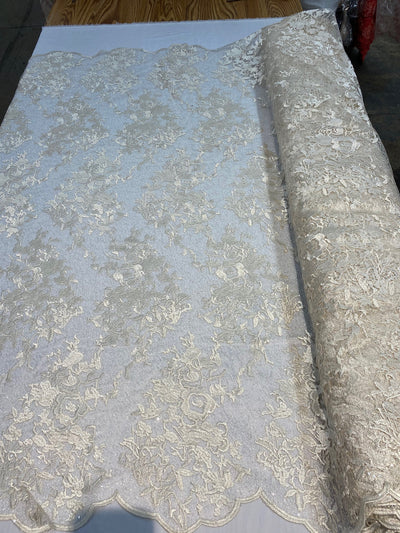 Hanna CREAM Polyester Floral Embroidery with Sequins on Web Mesh Lace Fabric by the Yard for Gown, Wedding, Bridesmaid, Prom - 10165