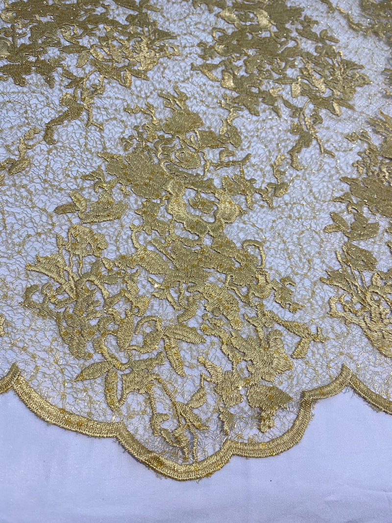 Hanna GOLD Polyester Floral Embroidery with Sequins on Web Mesh Lace Fabric by the Yard for Gown, Wedding, Bridesmaid, Prom - 10165