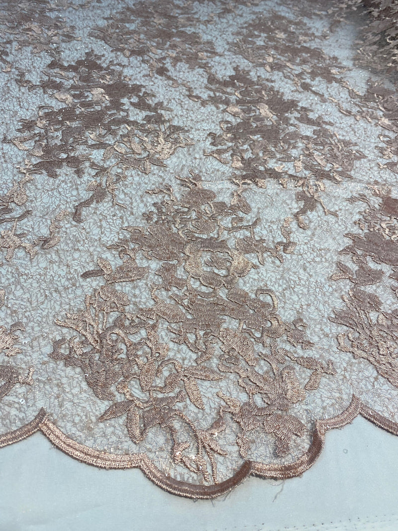 Hanna MAUVE Polyester Floral Embroidery with Sequins on Web Mesh Lace Fabric by the Yard for Gown, Wedding, Bridesmaid, Prom - 10165