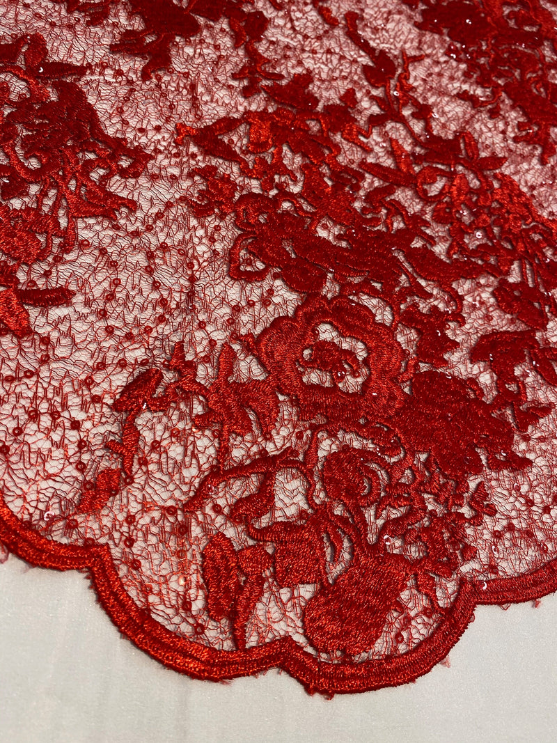 Hanna RED Polyester Floral Embroidery with Sequins on Web Mesh Lace Fabric by the Yard for Gown, Wedding, Bridesmaid, Prom - 10165