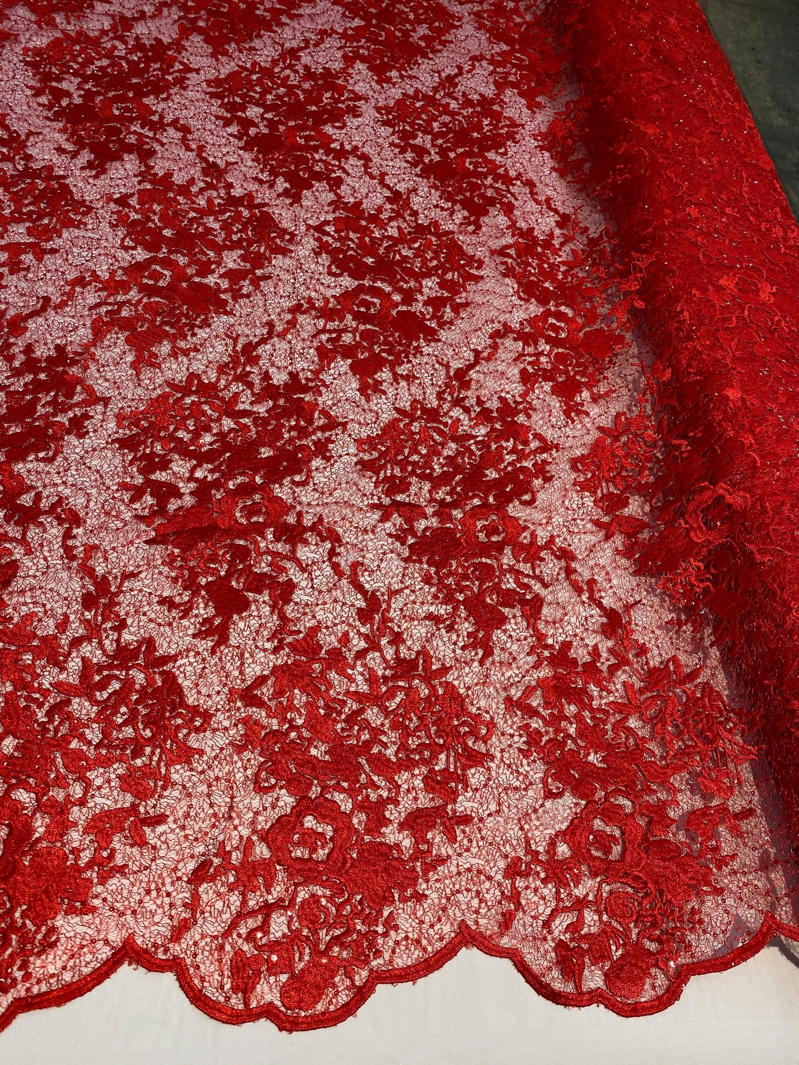 Hanna RED Polyester Floral Embroidery with Sequins on Web Mesh Lace Fabric by the Yard for Gown, Wedding, Bridesmaid, Prom - 10165