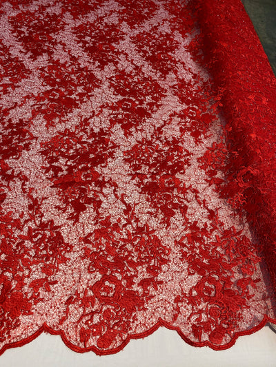Hanna RED Polyester Floral Embroidery with Sequins on Web Mesh Lace Fabric by the Yard for Gown, Wedding, Bridesmaid, Prom - 10165