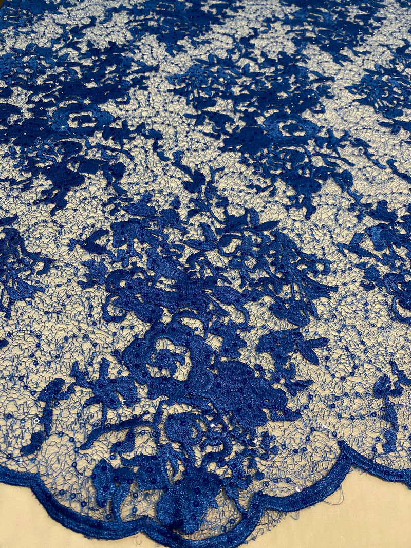 Hanna ROYAL BLUE Polyester Floral Embroidery with Sequins on Web Mesh Lace Fabric by the Yard for Gown, Wedding, Bridesmaid, Prom - 10165