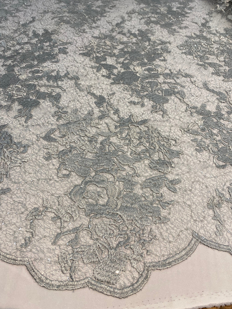 Hanna SILVER Polyester Floral Embroidery with Sequins on Web Mesh Lace Fabric by the Yard for Gown, Wedding, Bridesmaid, Prom - 10165