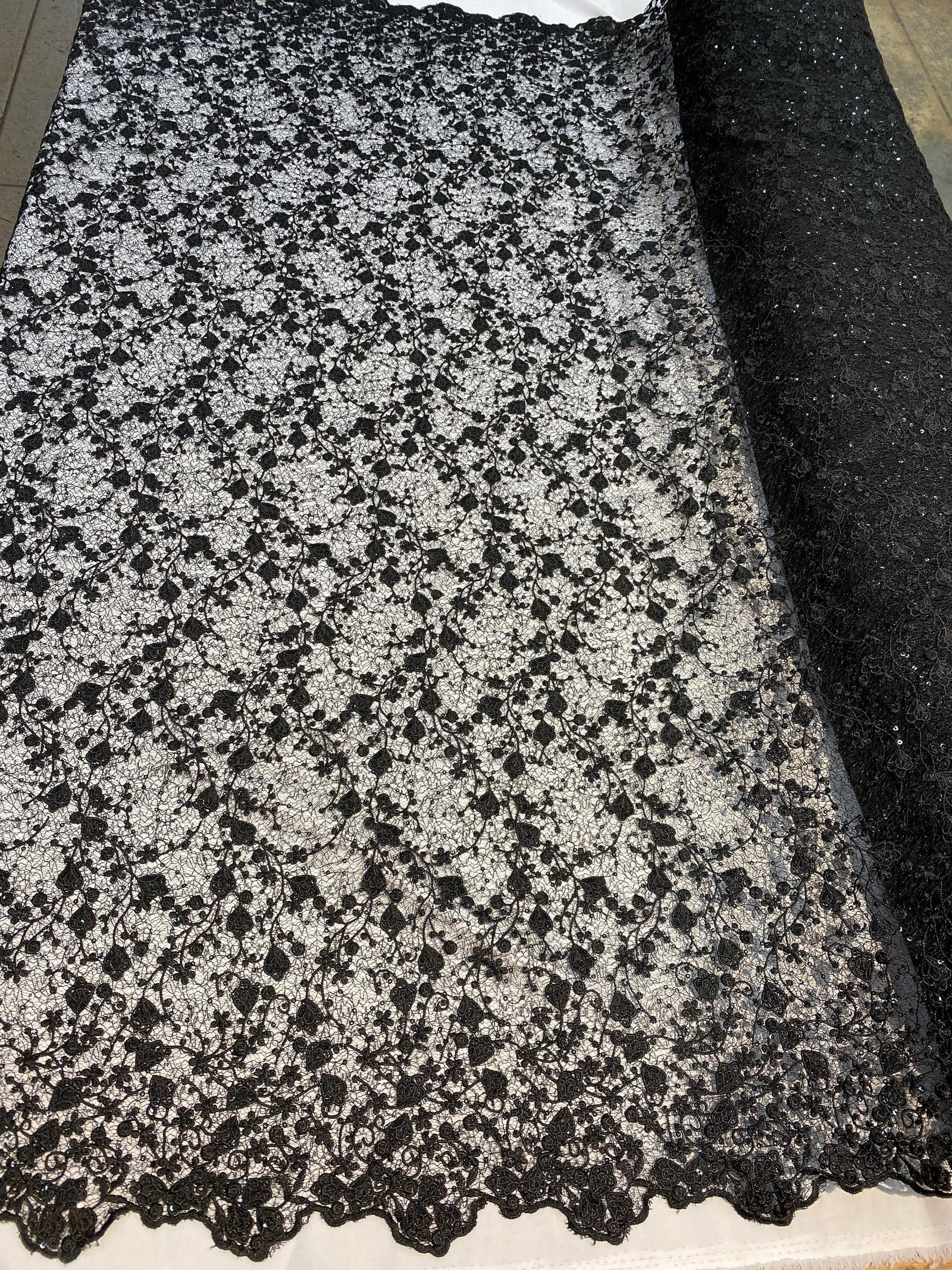 Braelyn BLACK Polyester Floral Embroidery with Sequins on Web Mesh Lace Fabric by the Yard for Gown, Wedding, Bridesmaid, Prom - 10166