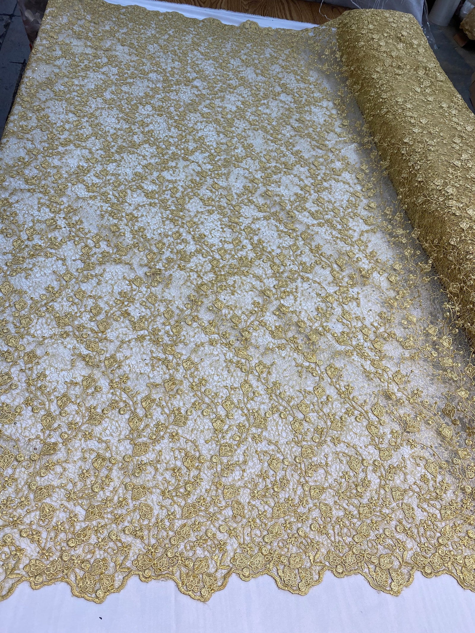 Braelyn GOLD Polyester Floral Embroidery with Sequins on Web Mesh Lace Fabric by the Yard for Gown, Wedding, Bridesmaid, Prom - 10166