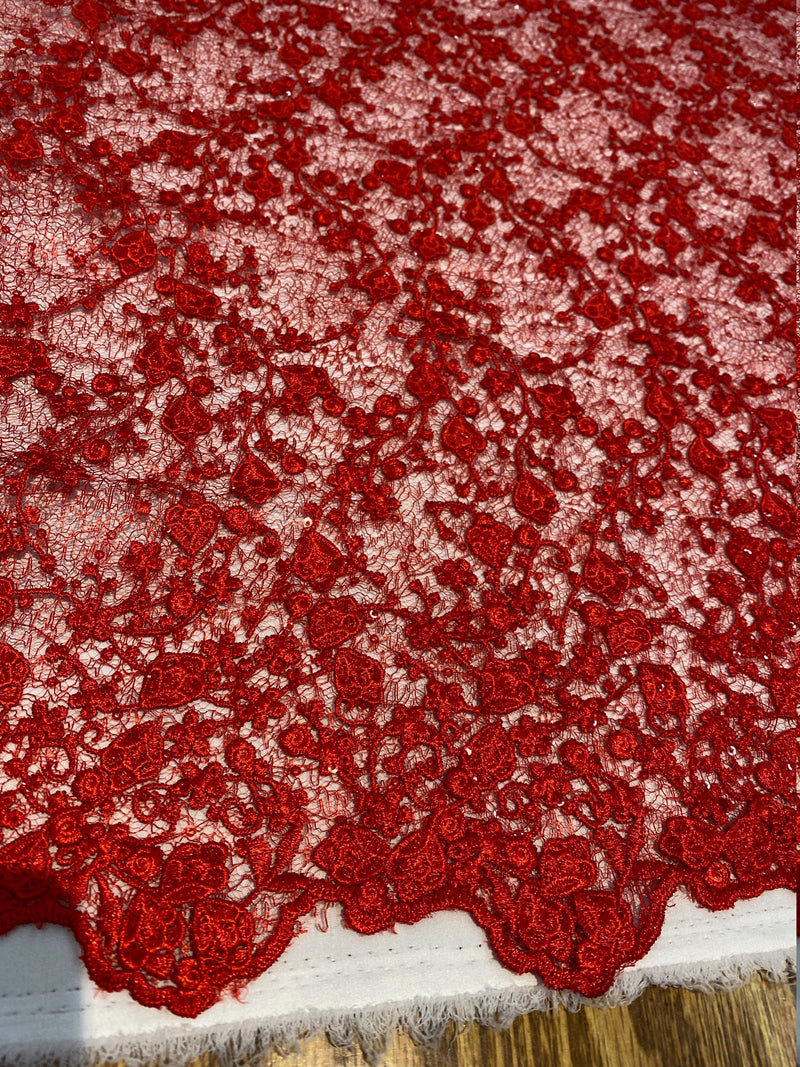 Braelyn RED Polyester Floral Embroidery with Sequins on Web Mesh Lace Fabric by the Yard for Gown, Wedding, Bridesmaid, Prom - 10166
