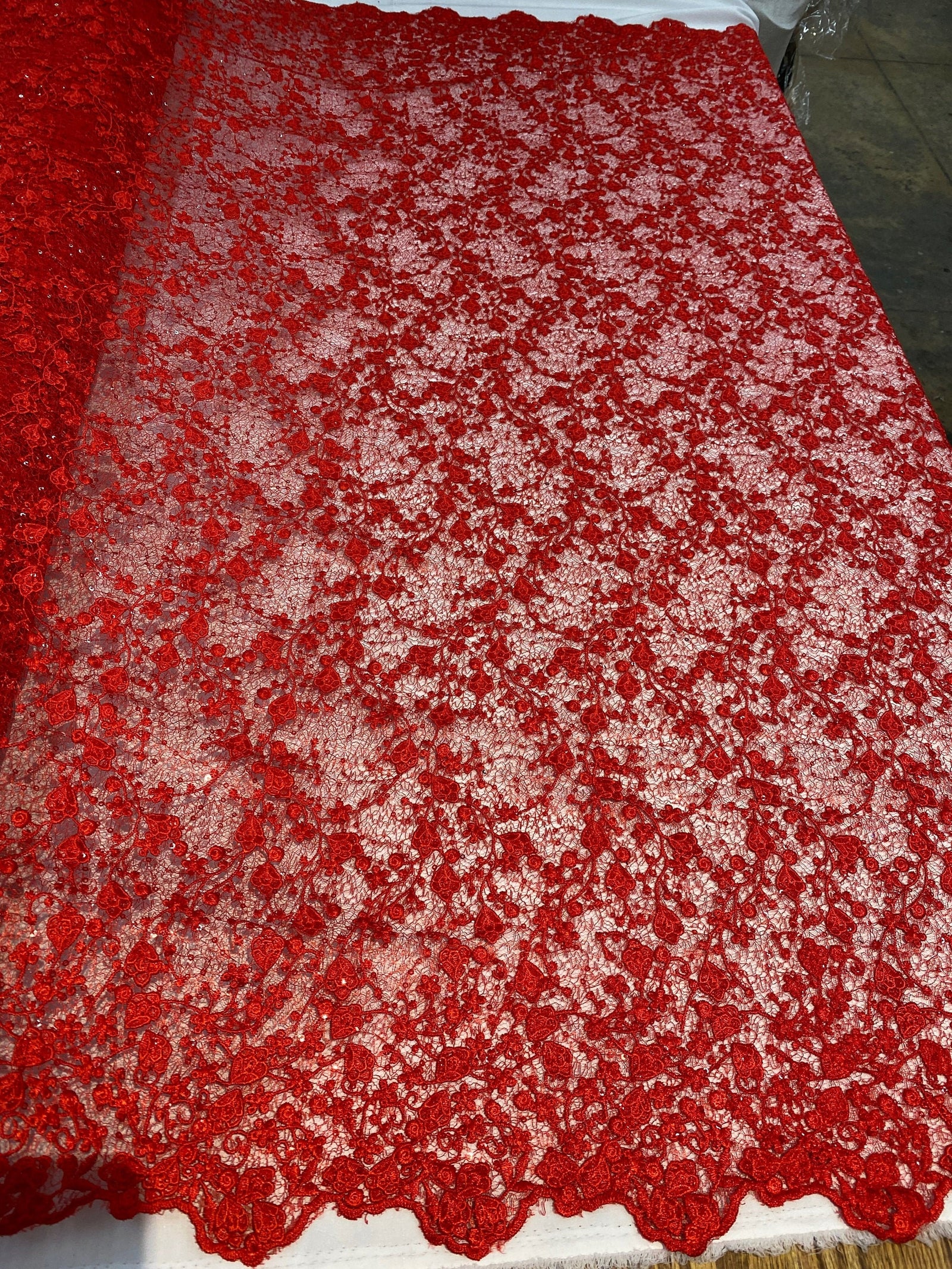 Braelyn RED Polyester Floral Embroidery with Sequins on Web Mesh Lace Fabric by the Yard for Gown, Wedding, Bridesmaid, Prom - 10166