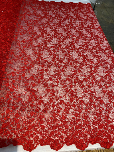 Braelyn RED Polyester Floral Embroidery with Sequins on Web Mesh Lace Fabric by the Yard for Gown, Wedding, Bridesmaid, Prom - 10166