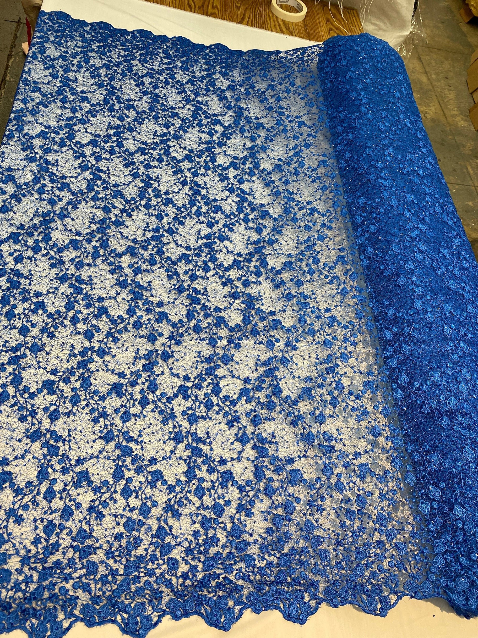 Braelyn ROYAL BLUE Polyester Floral Embroidery with Sequins on Web Mesh Lace Fabric by the Yard for Gown, Wedding, Bridesmaid, Prom - 10166