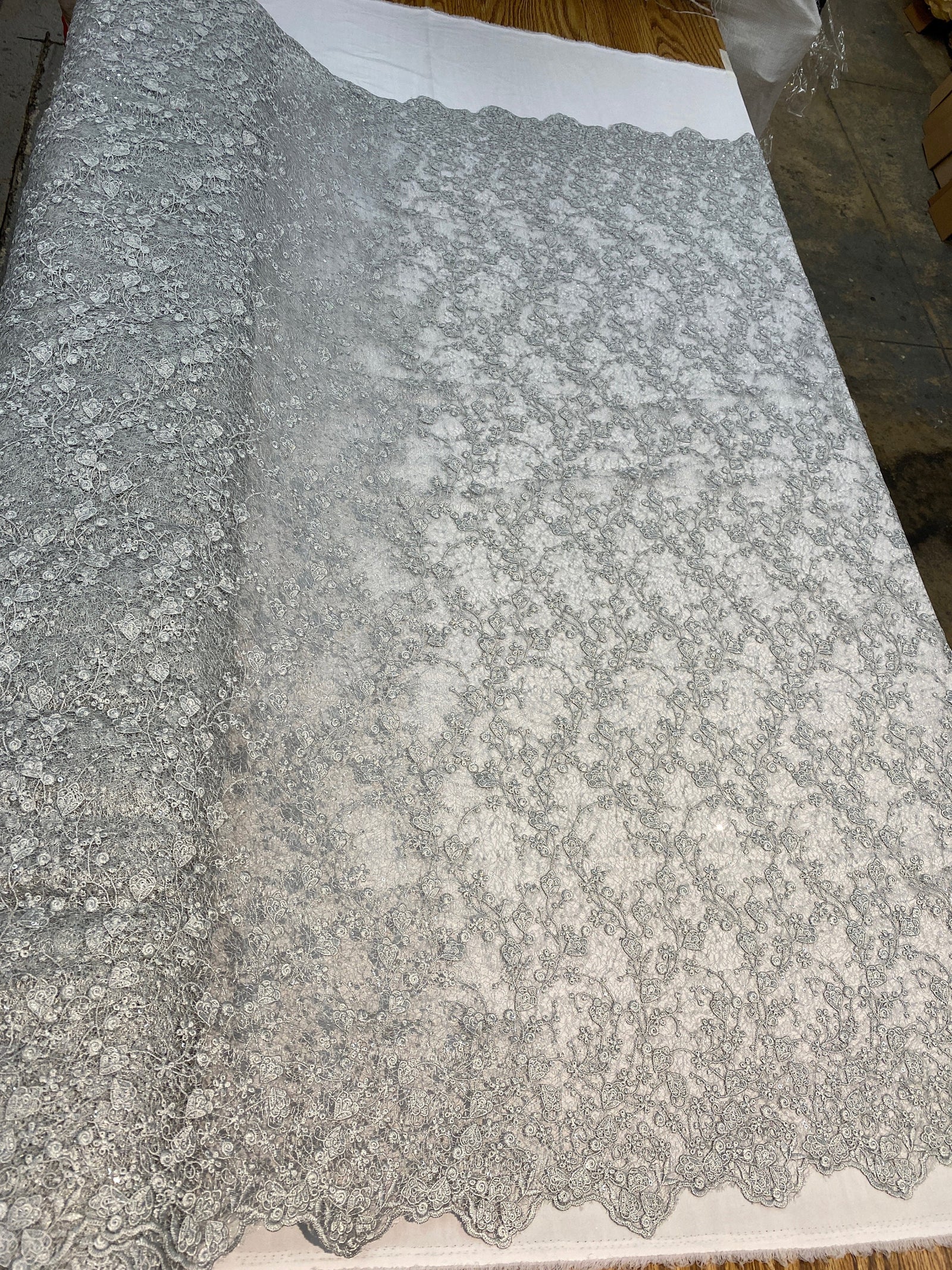 Braelyn SILVER Polyester Floral Embroidery with Sequins on Web Mesh Lace Fabric by the Yard for Gown, Wedding, Bridesmaid, Prom - 10166