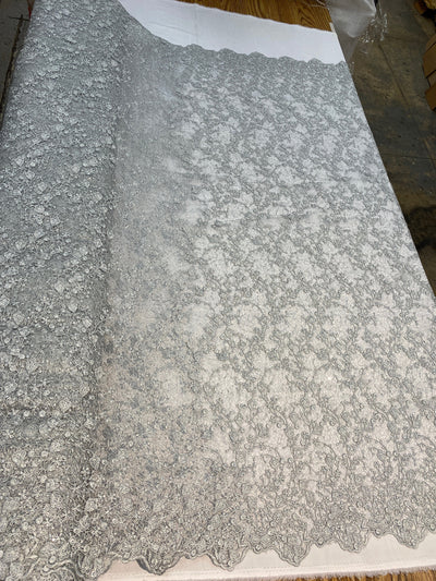 Braelyn SILVER Polyester Floral Embroidery with Sequins on Web Mesh Lace Fabric by the Yard for Gown, Wedding, Bridesmaid, Prom - 10166