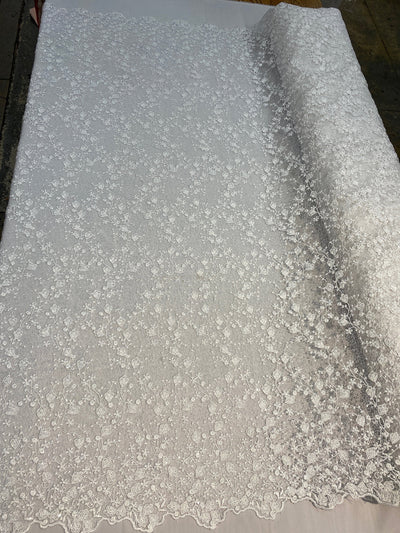 Braelyn WHITE Polyester Floral Embroidery with Sequins on Web Mesh Lace Fabric by the Yard for Gown, Wedding, Bridesmaid, Prom - 10166