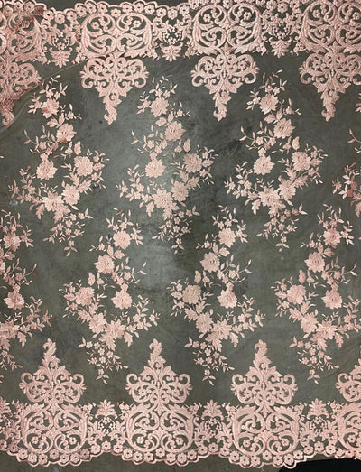 Teagan BLUSH PINK Damask Design Embroidered on Mesh Lace Fabric by the Yard - 10027