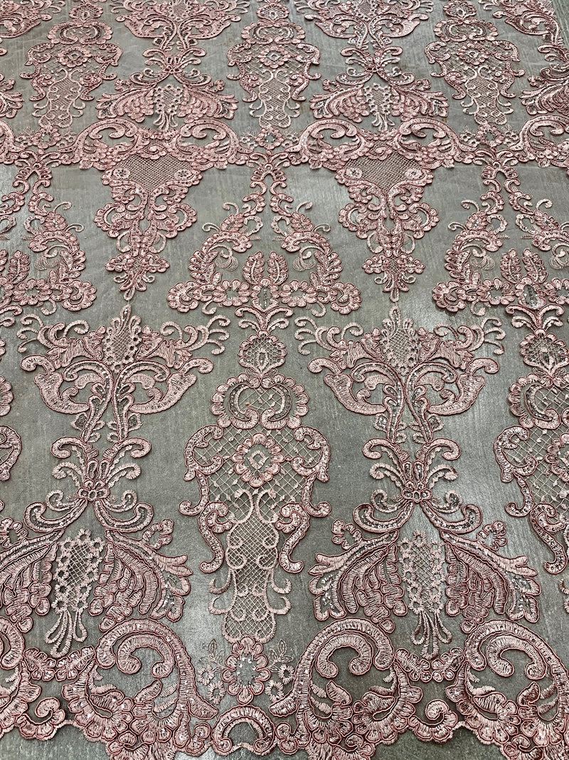 Vivian DUSTY ROSE Polyester Embroidery with Sequins on Mesh Lace Fabric by the Yard for Gown, Wedding, Bridesmaid, Prom - 10003