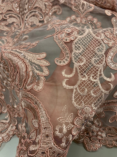 Vivian DUSTY ROSE Polyester Embroidery with Sequins on Mesh Lace Fabric by the Yard for Gown, Wedding, Bridesmaid, Prom - 10003