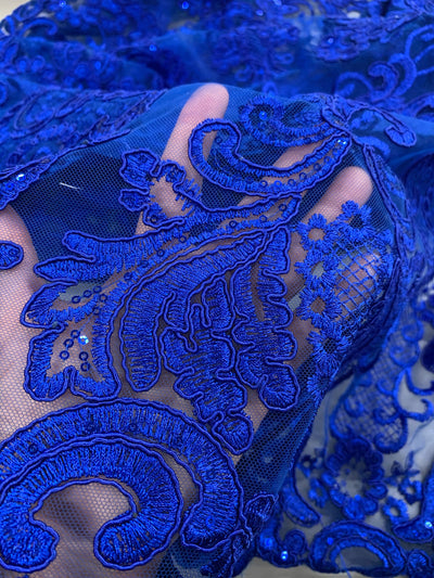 Vivian ROYAL BLUE Polyester Embroidery with Sequins on Mesh Lace Fabric by the Yard for Gown, Wedding, Bridesmaid, Prom - 10003