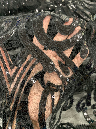 Elsie BLACK Curlicue Sequins on Mesh Lace Fabric by the Yard - 10112
