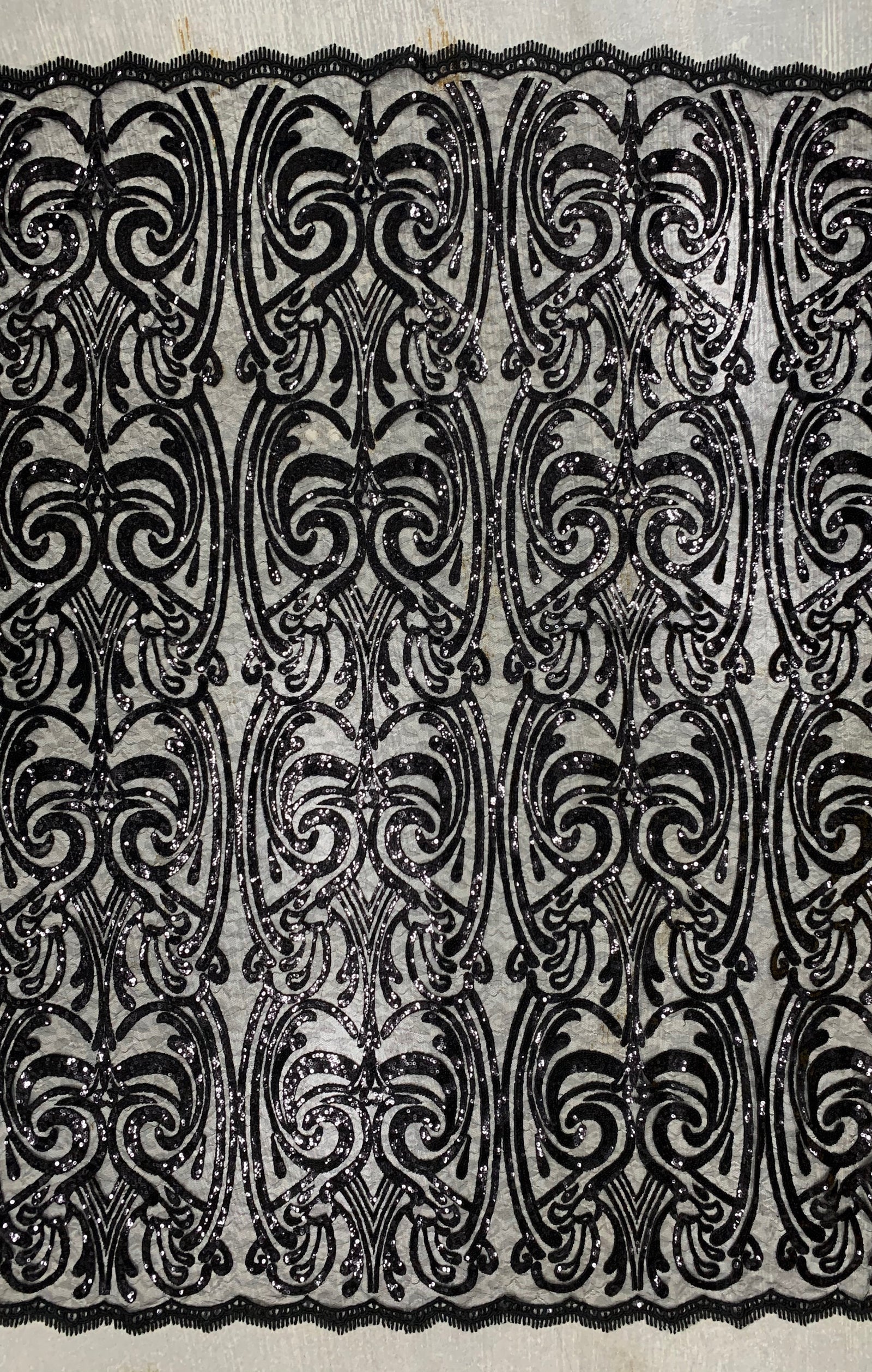 Elsie BLACK Curlicue Sequins on Mesh Lace Fabric by the Yard - 10112