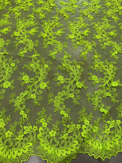 Melody NEON LIME GREEN Polyester Floral Embroidery with Sequins on Mesh Lace Fabric by the Yard for Gown, Wedding, Bridesmaid, Prom - 10002