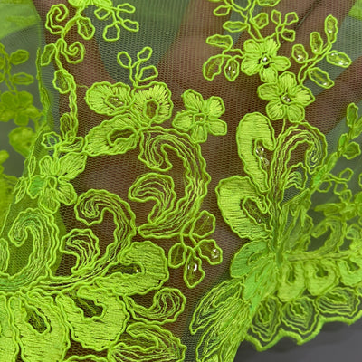 Melody NEON LIME GREEN Polyester Floral Embroidery with Sequins on Mesh Lace Fabric by the Yard for Gown, Wedding, Bridesmaid, Prom - 10002
