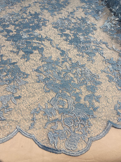 Hanna BABY BLUE Polyester Floral Embroidery with Sequins on Web Mesh Lace Fabric by the Yard for Gown, Wedding, Bridesmaid, Prom - 10165