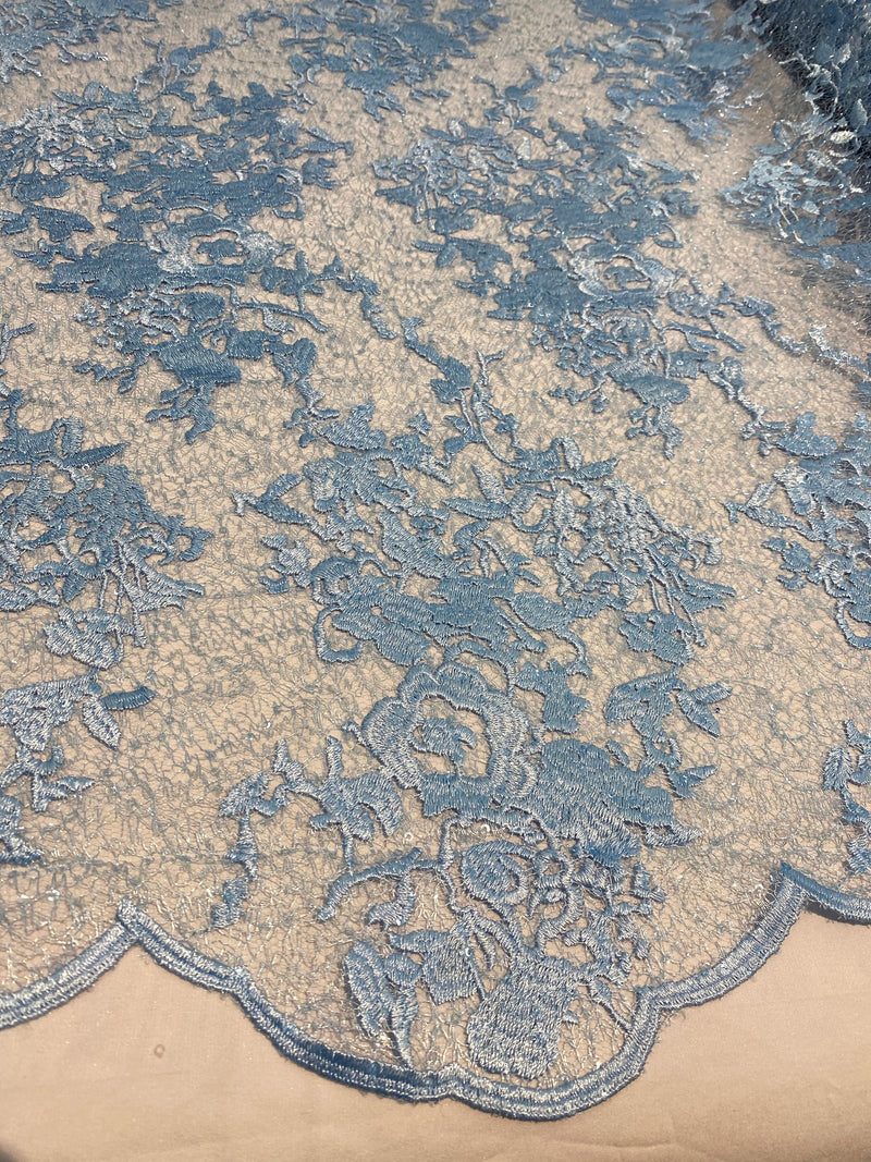 Hanna BABY BLUE Polyester Floral Embroidery with Sequins on Web Mesh Lace Fabric by the Yard for Gown, Wedding, Bridesmaid, Prom - 10165