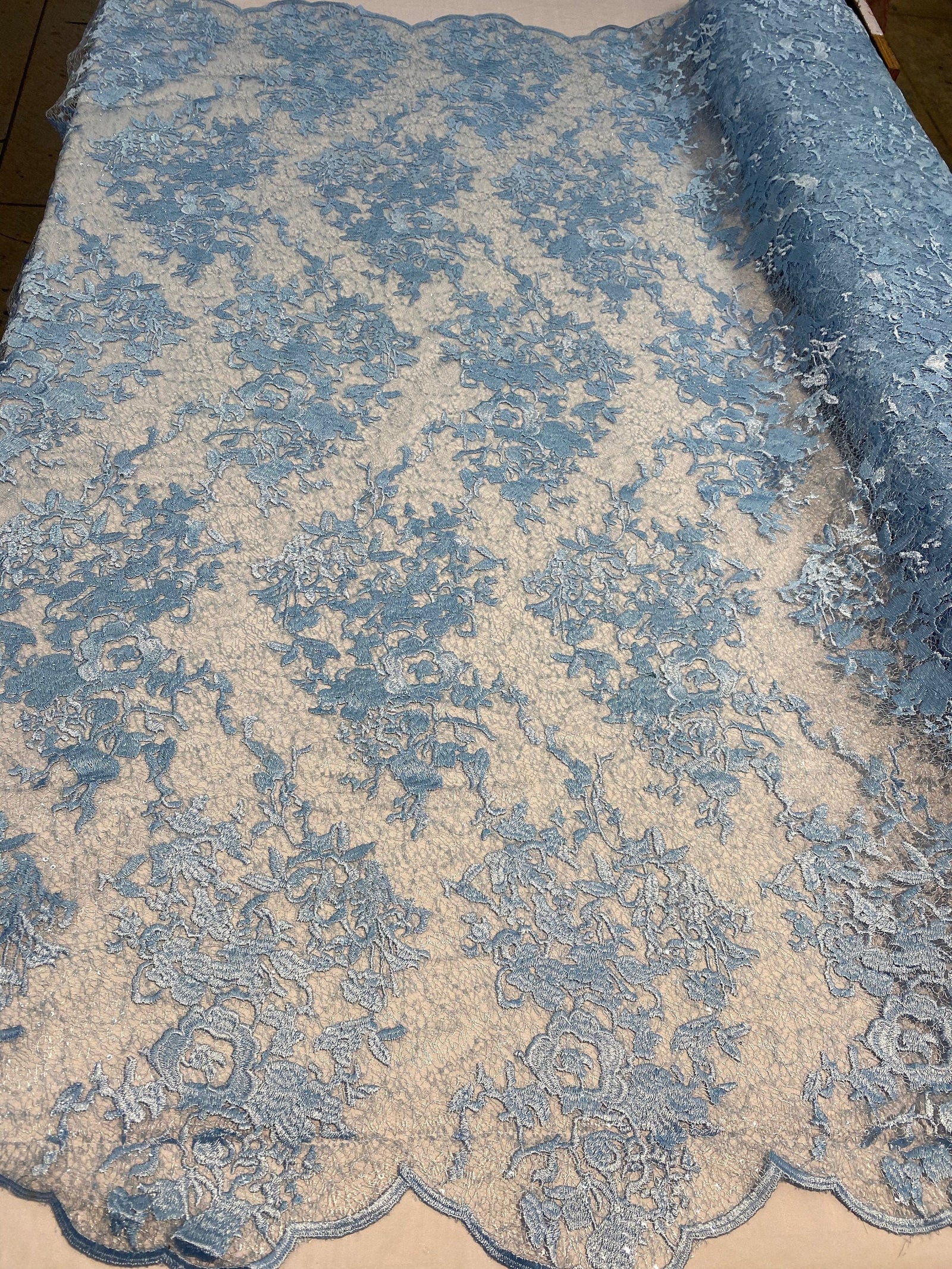 Hanna BABY BLUE Polyester Floral Embroidery with Sequins on Web Mesh Lace Fabric by the Yard for Gown, Wedding, Bridesmaid, Prom - 10165