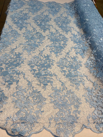 Hanna BABY BLUE Polyester Floral Embroidery with Sequins on Web Mesh Lace Fabric by the Yard for Gown, Wedding, Bridesmaid, Prom - 10165