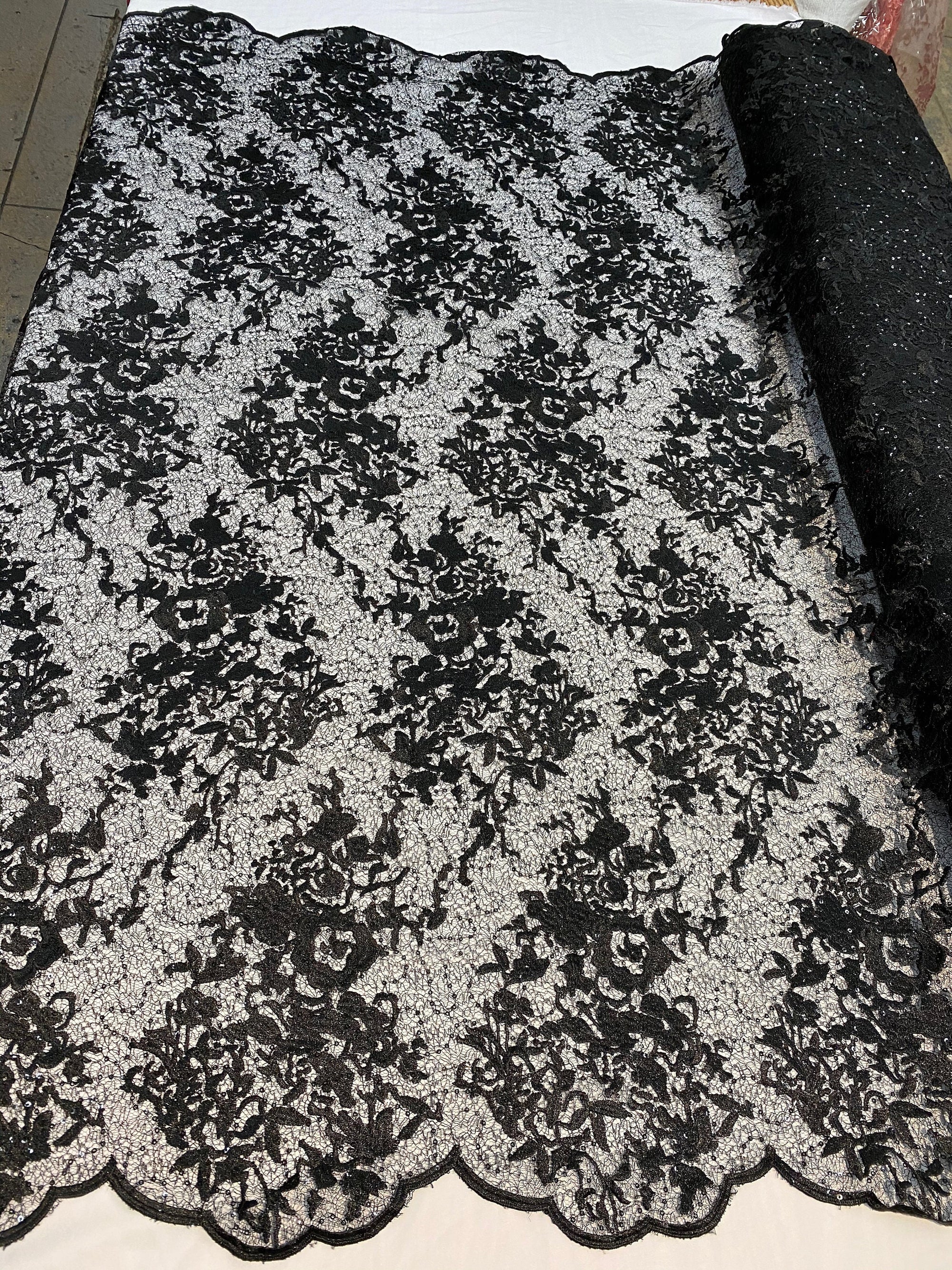 Hanna BLACK Polyester Floral Embroidery with Sequins on Web Mesh Lace Fabric by the Yard for Gown, Wedding, Bridesmaid, Prom - 10165