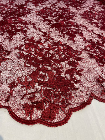 Hanna BURGUNDY Polyester Floral Embroidery with Sequins on Web Mesh Lace Fabric by the Yard for Gown, Wedding, Bridesmaid, Prom - 10165