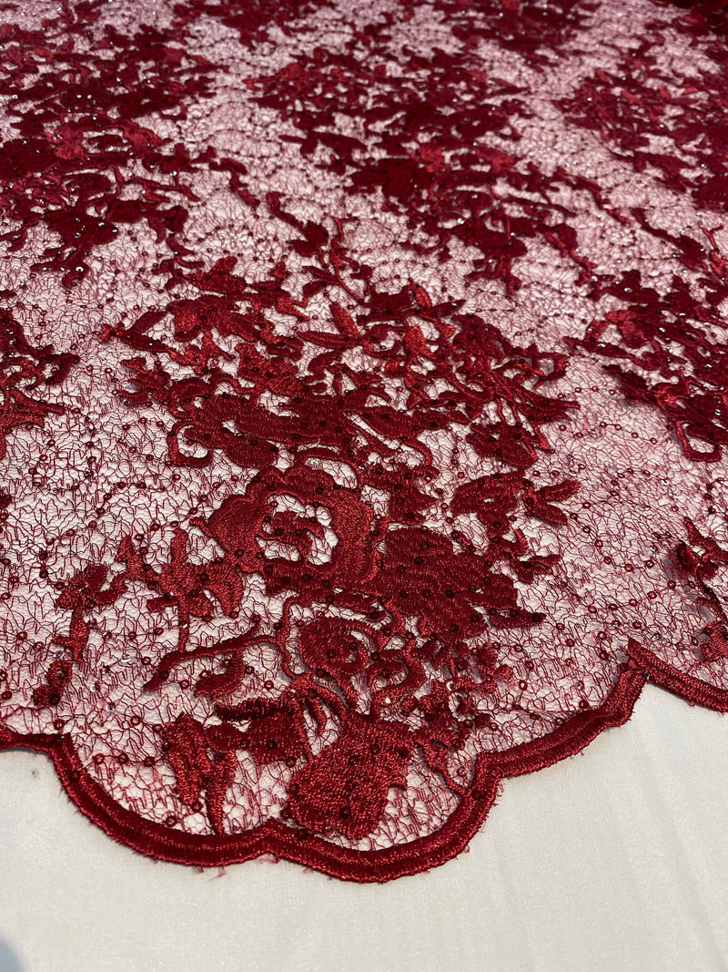 Hanna BURGUNDY Polyester Floral Embroidery with Sequins on Web Mesh Lace Fabric by the Yard for Gown, Wedding, Bridesmaid, Prom - 10165
