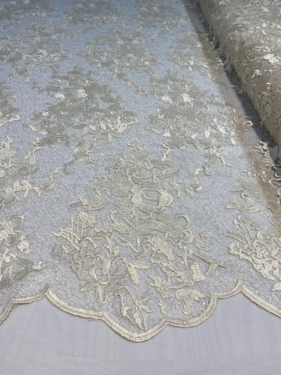 Hanna CREAM Polyester Floral Embroidery with Sequins on Web Mesh Lace Fabric by the Yard for Gown, Wedding, Bridesmaid, Prom - 10165