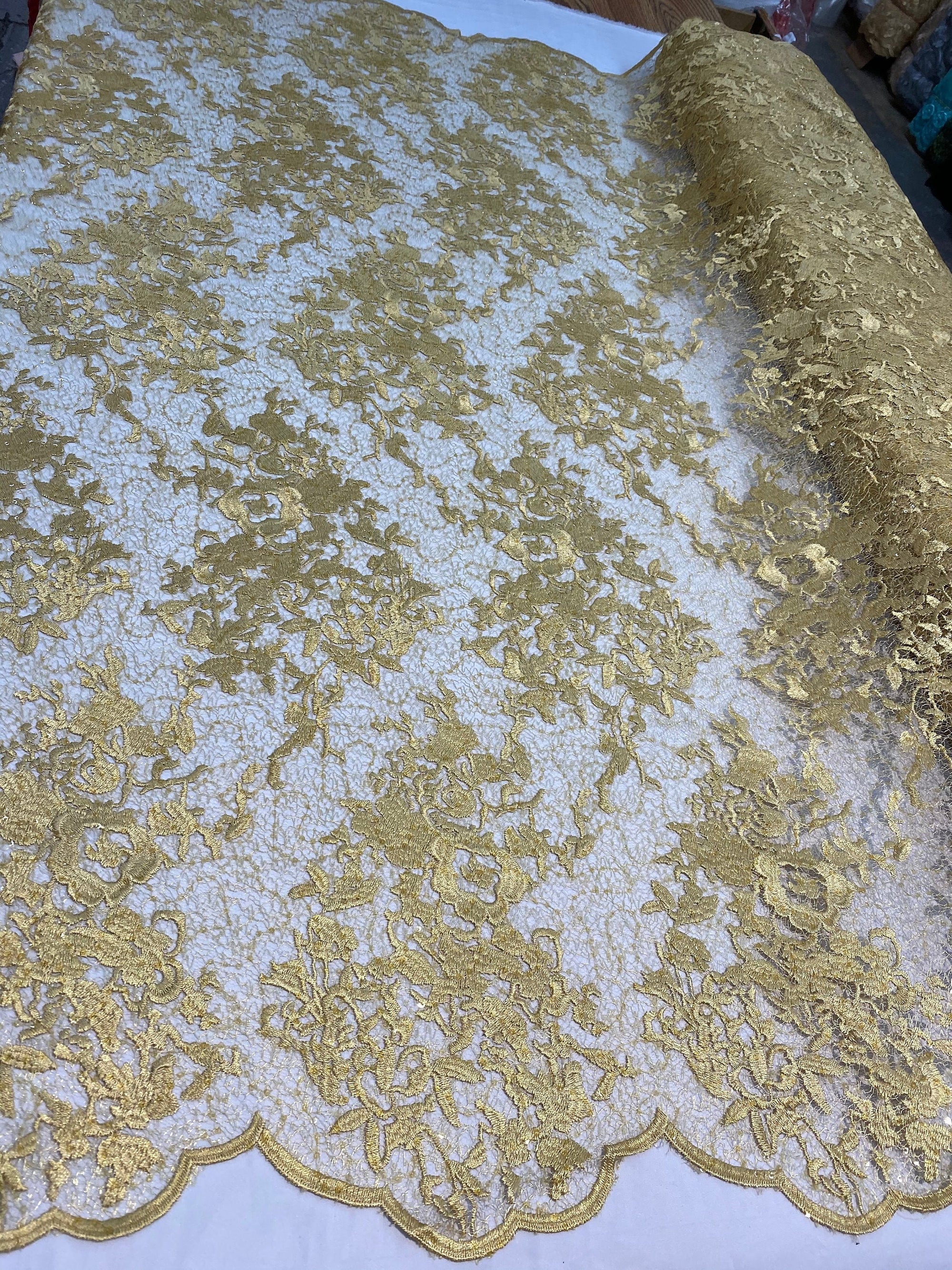 Hanna GOLD Polyester Floral Embroidery with Sequins on Web Mesh Lace Fabric by the Yard for Gown, Wedding, Bridesmaid, Prom - 10165
