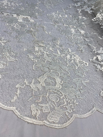 Hanna IVORY Polyester Floral Embroidery with Sequins on Web Mesh Lace Fabric by the Yard for Gown, Wedding, Bridesmaid, Prom - 10165