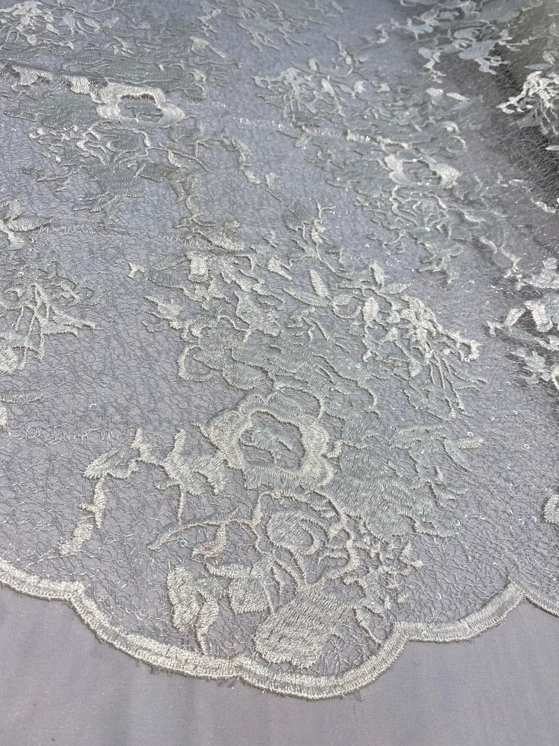 Hanna IVORY Polyester Floral Embroidery with Sequins on Web Mesh Lace Fabric by the Yard for Gown, Wedding, Bridesmaid, Prom - 10165