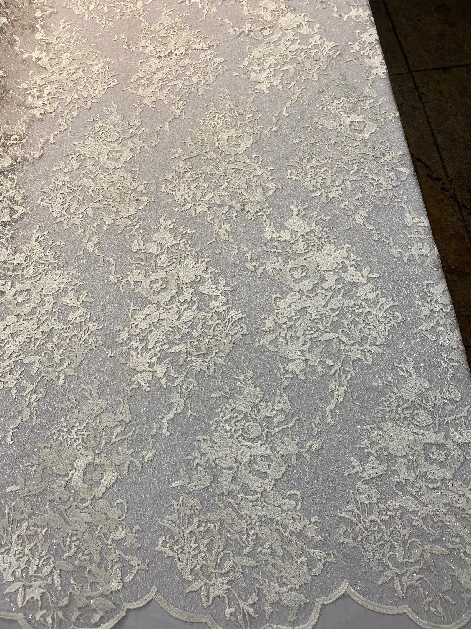 Hanna IVORY Polyester Floral Embroidery with Sequins on Web Mesh Lace Fabric by the Yard for Gown, Wedding, Bridesmaid, Prom - 10165