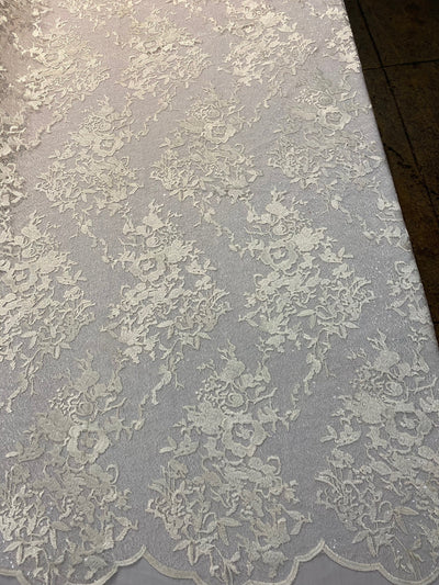 Hanna IVORY Polyester Floral Embroidery with Sequins on Web Mesh Lace Fabric by the Yard for Gown, Wedding, Bridesmaid, Prom - 10165